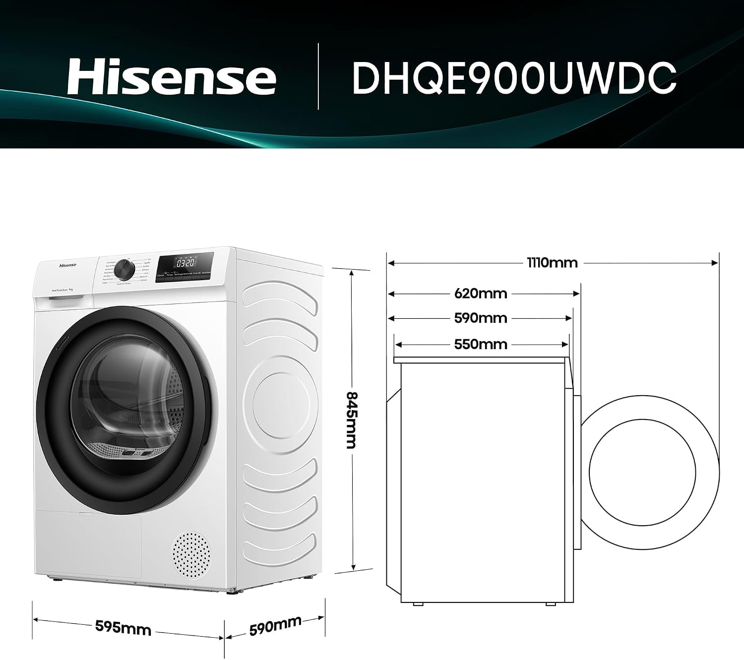 Detalle 2 de Hisense DHQE900UWDC: Secadora bomba de calor de 9 kg con secado rápido y finalización diferida
