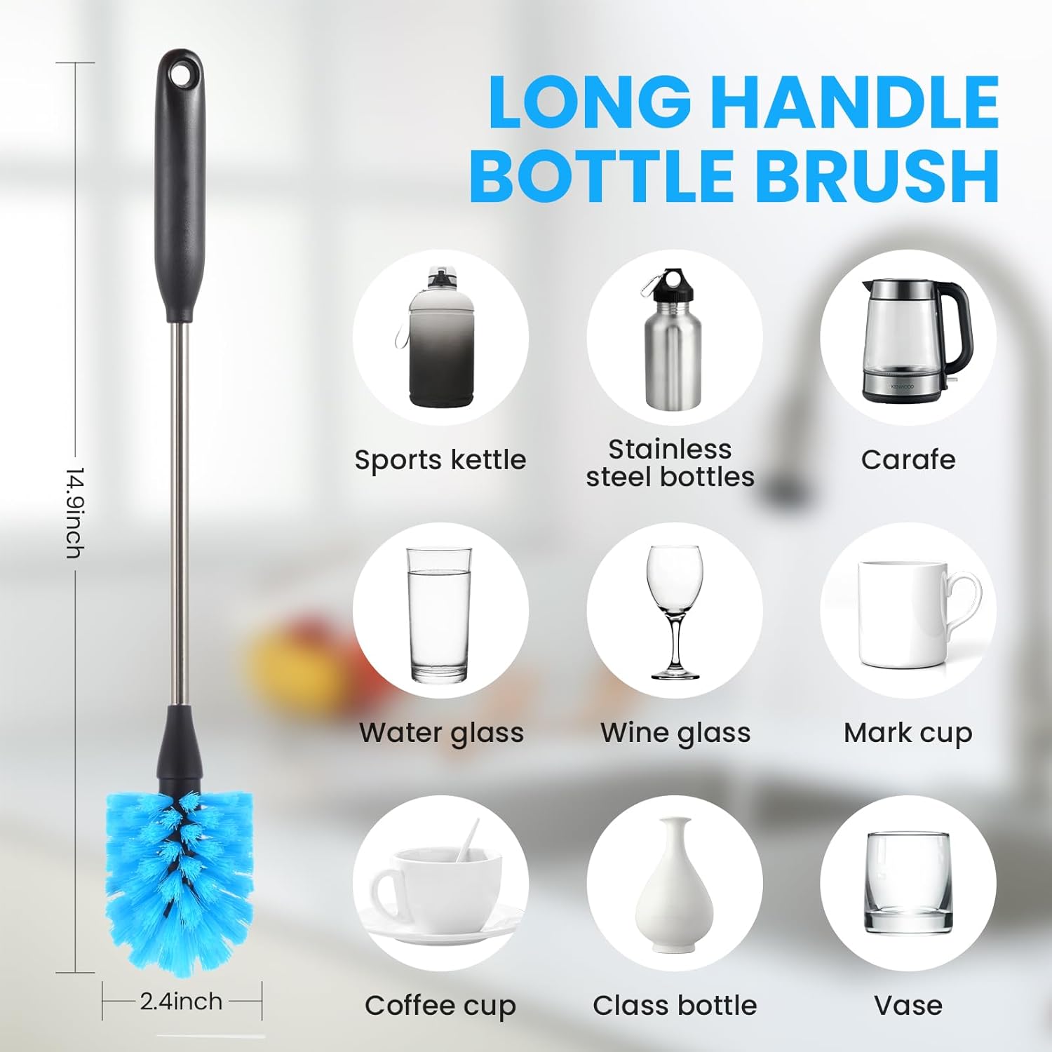 Detalle 2 de PZLife 5-Piece Bottle Brush Set, Blue, with 15-Inch Stainless Steel Brush