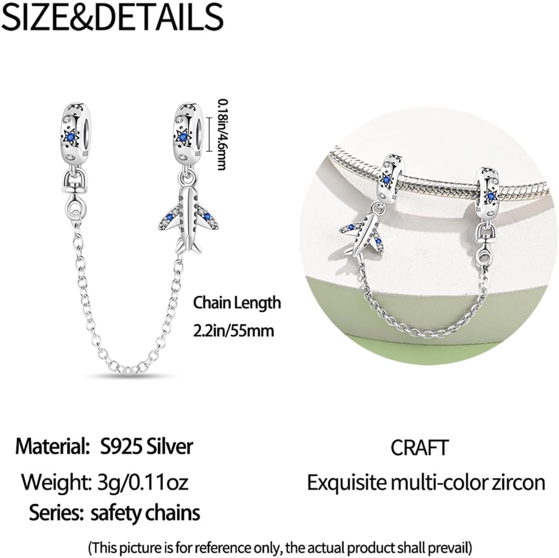 Thumbnail 4 de 925 Sterling-Silber Sicherheitskette/Charm-Clasp mit Herz & Silikon-Stopper für Charm-Armbänder