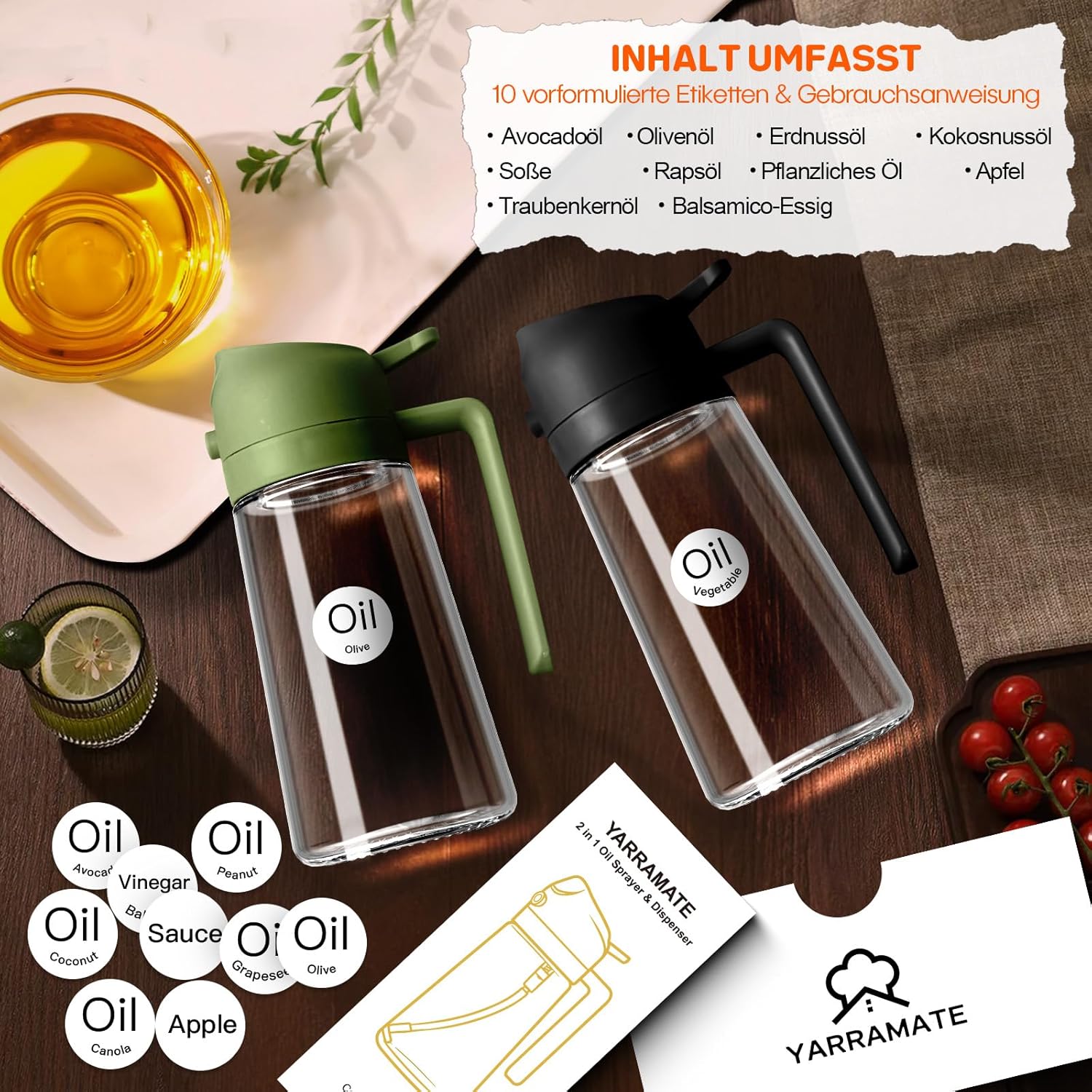 Detalle de YARRAMATE 2-in-1 Ölsprüher für Speiseöl (470 ml), lebensmittelecht – zum Sprühen oder Ausgießen