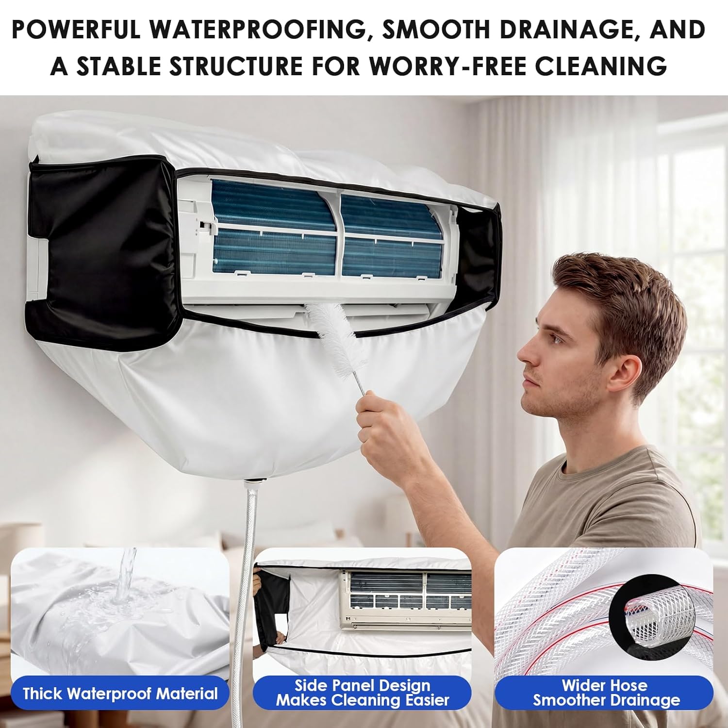 Detalle de ZSPLIT-MAIR Kit de nettoyage climatisation – panneaux latéraux doubles et housse imperméable pour climatiseur mural, Noir-Blanc, Taille 2XL