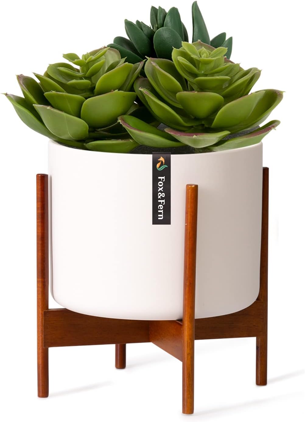 Detalle de Fox & Fern Single Wooden Plant Stand with Pot, Reversible Height, White