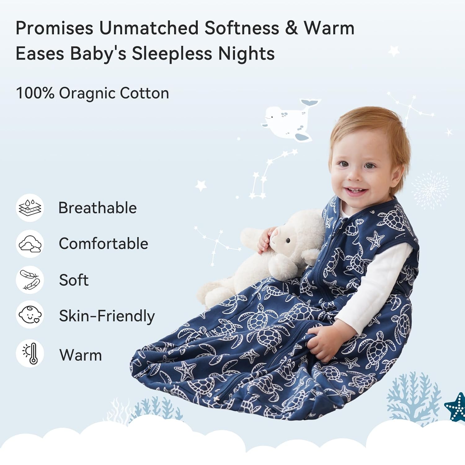 Thumbnail 1 de Unnivoll 3er Pack Schlafsack Baby Sommer 0.5 Tog – 100% Baumwolle, 84 cm, Blau (Hai) für Jungen/Mädchen