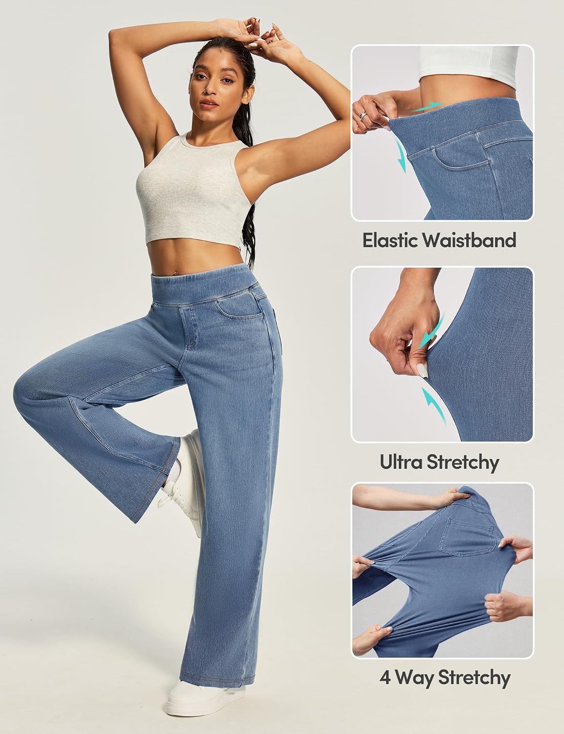 Detalle de IUGA High-Waisted Wide-Leg Pull-On Jeans for Women, Stretch Denim, 4 Pockets