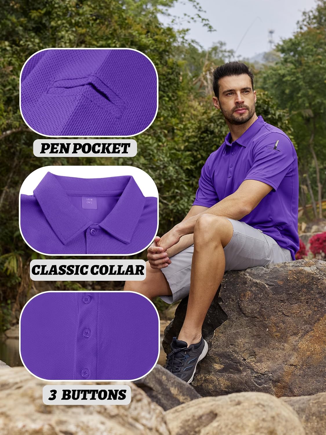 Thumbnail 3 de KEFITEVD Men’s Outdoor Breathable Quick-Dry Polo Shirt (Short Sleeve Safari/Camping)