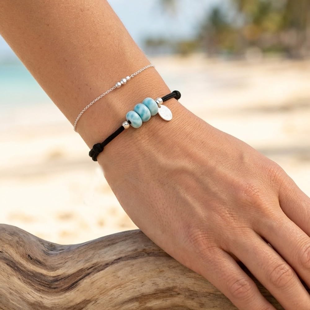 Thumbnail 1 de LES POULETTES BIJOUX Bracciale Filo Nero con 3 anelli di Larimar e perle in Argento 925