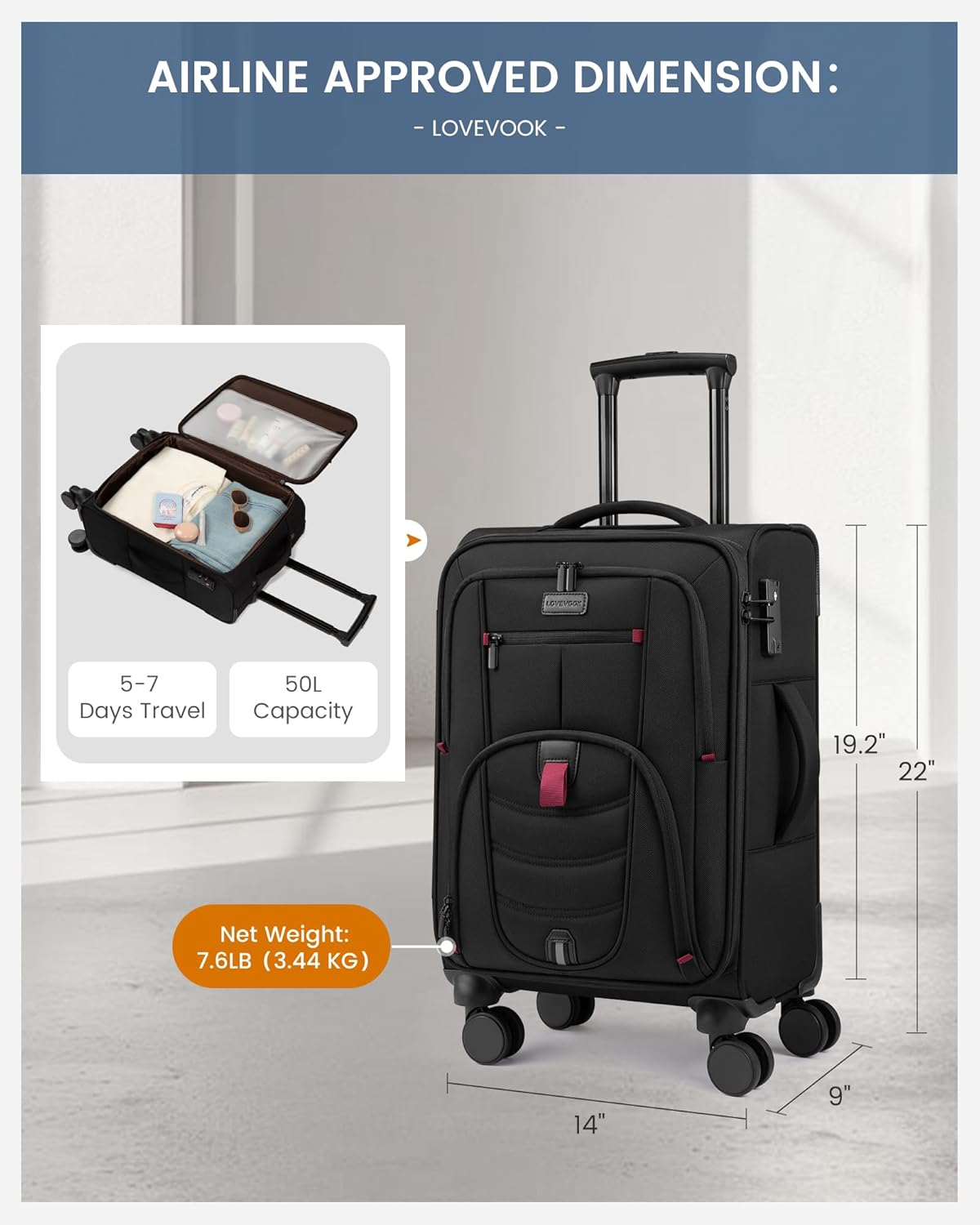 Detalle 2 de LoveVoook Carry On Luggage 22x14x9 — Airline Approved Softside Spinner with Front Laptop Compartment
