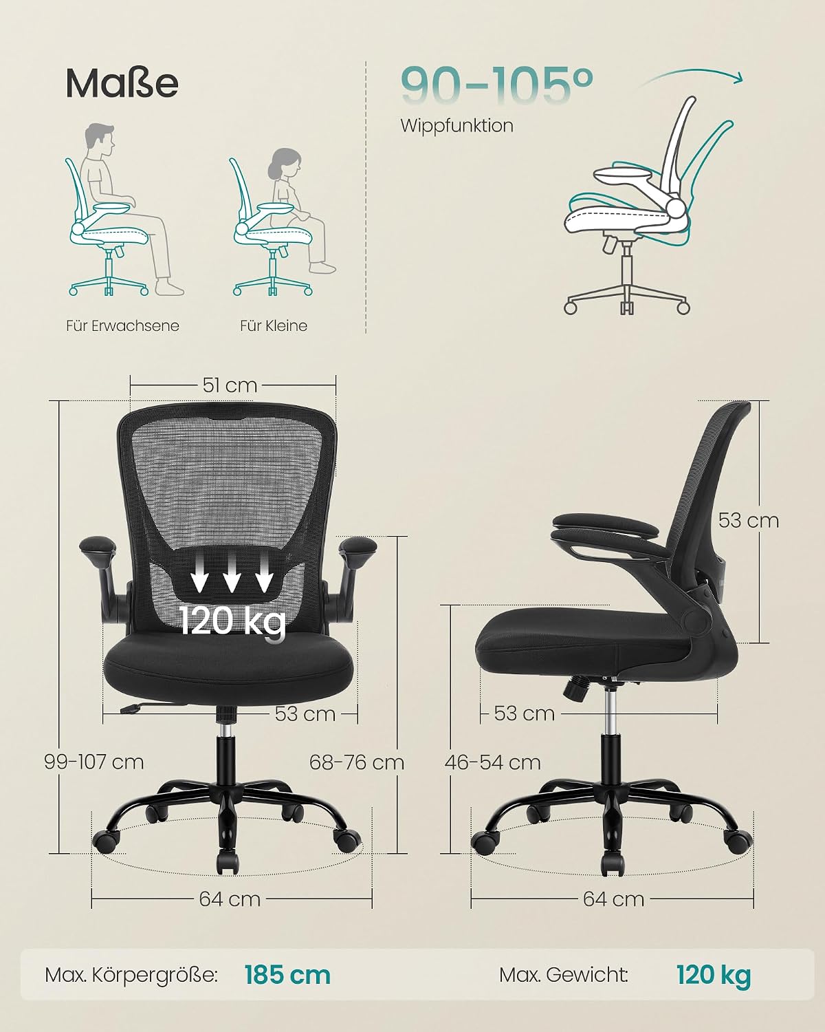 Detalle de SONGMICS OBN37BK Bürostuhl ergonomisch 53 cm