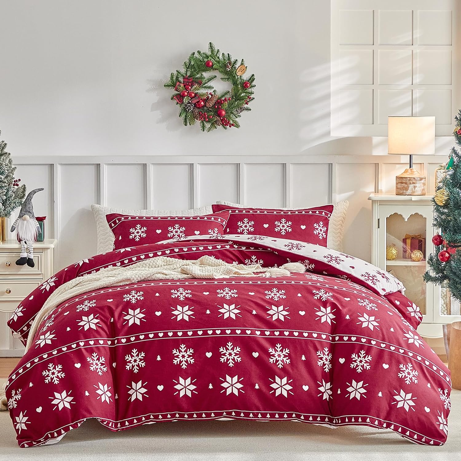 Detalle de Tokokimo rood kerstdekbedovertrek 240 x 220 cm van microvezel met sneeuwvlokken