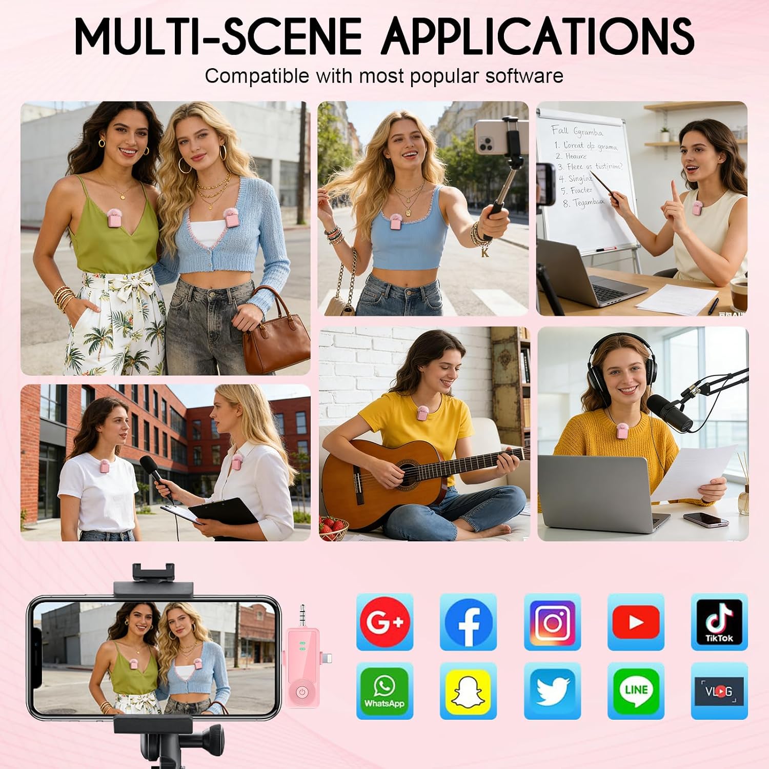 Thumbnail 6 de Therivo WLM-00 Wireless Lavalier Microphone, 3-in-1 Receiver, Pink 2-Pack