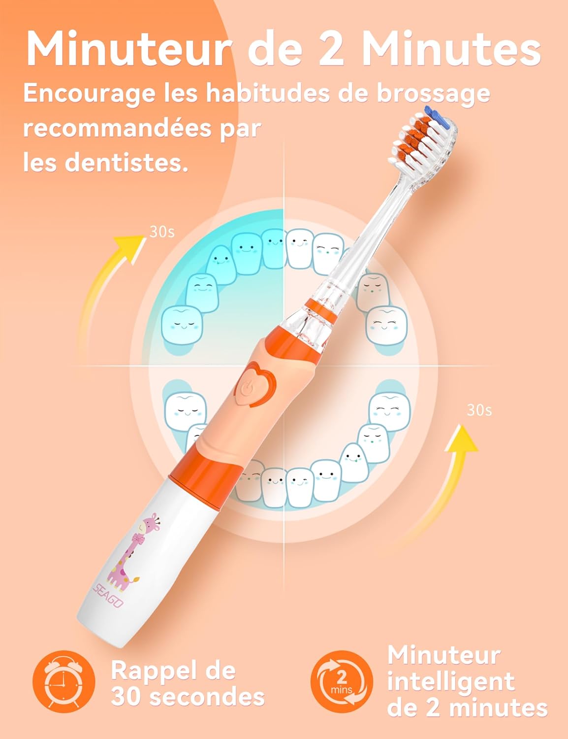 Thumbnail 4 de seago SG977 brosse à dents électrique enfant (3-12 ans) avec LED colorées, minuteur 2 min et 4 têtes de rechange
