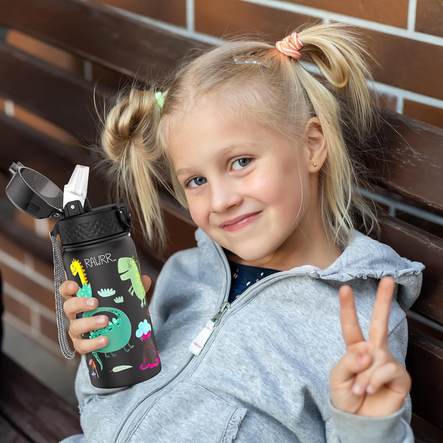 Detalle 2 de GOPPUS Trinkflasche Kinder 420 ml – Edelstahl, BPA-frei, Strohhalm & auslaufsicherer Deckel
