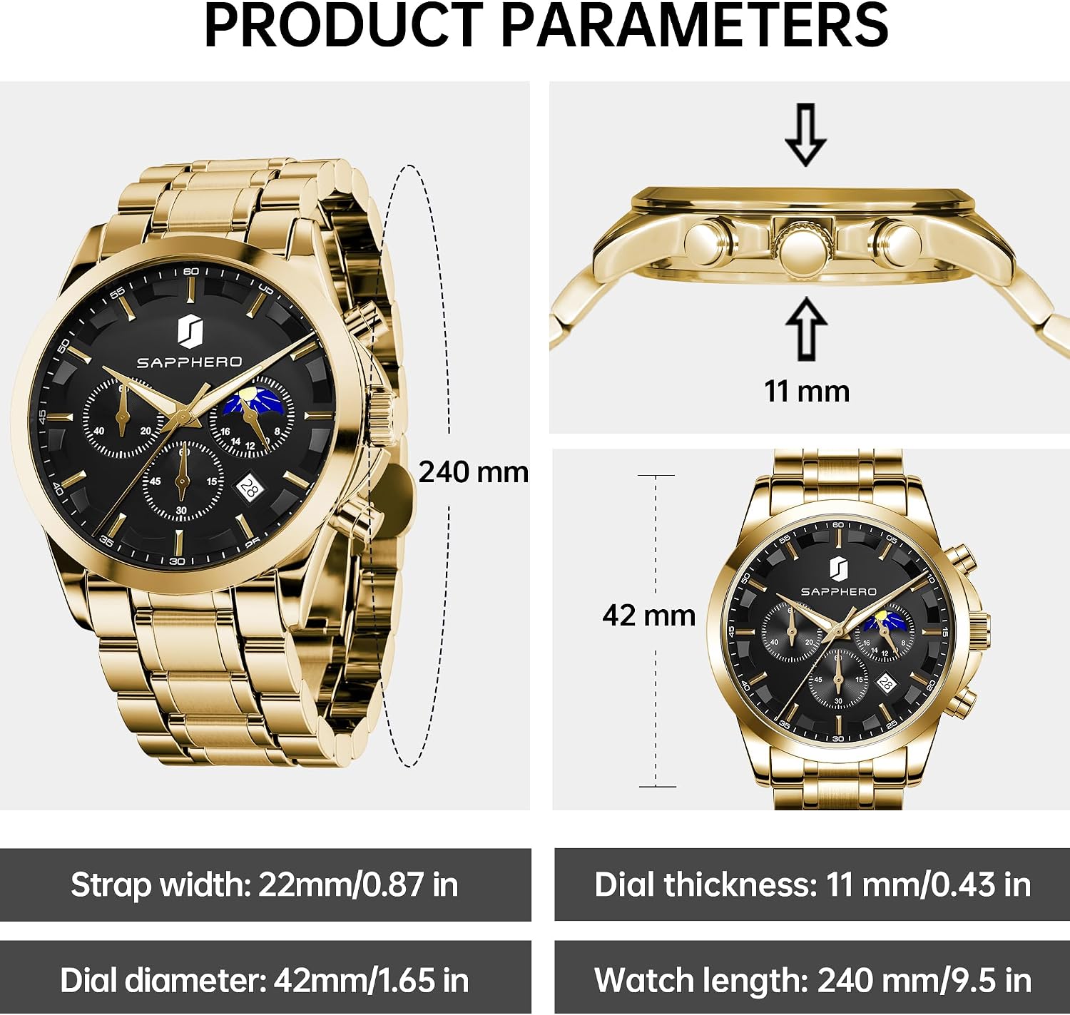 Detalle de BENYAR BY Orologi uomo multifunzione cronografo al quarzo nero con cinturino in pelle e datario