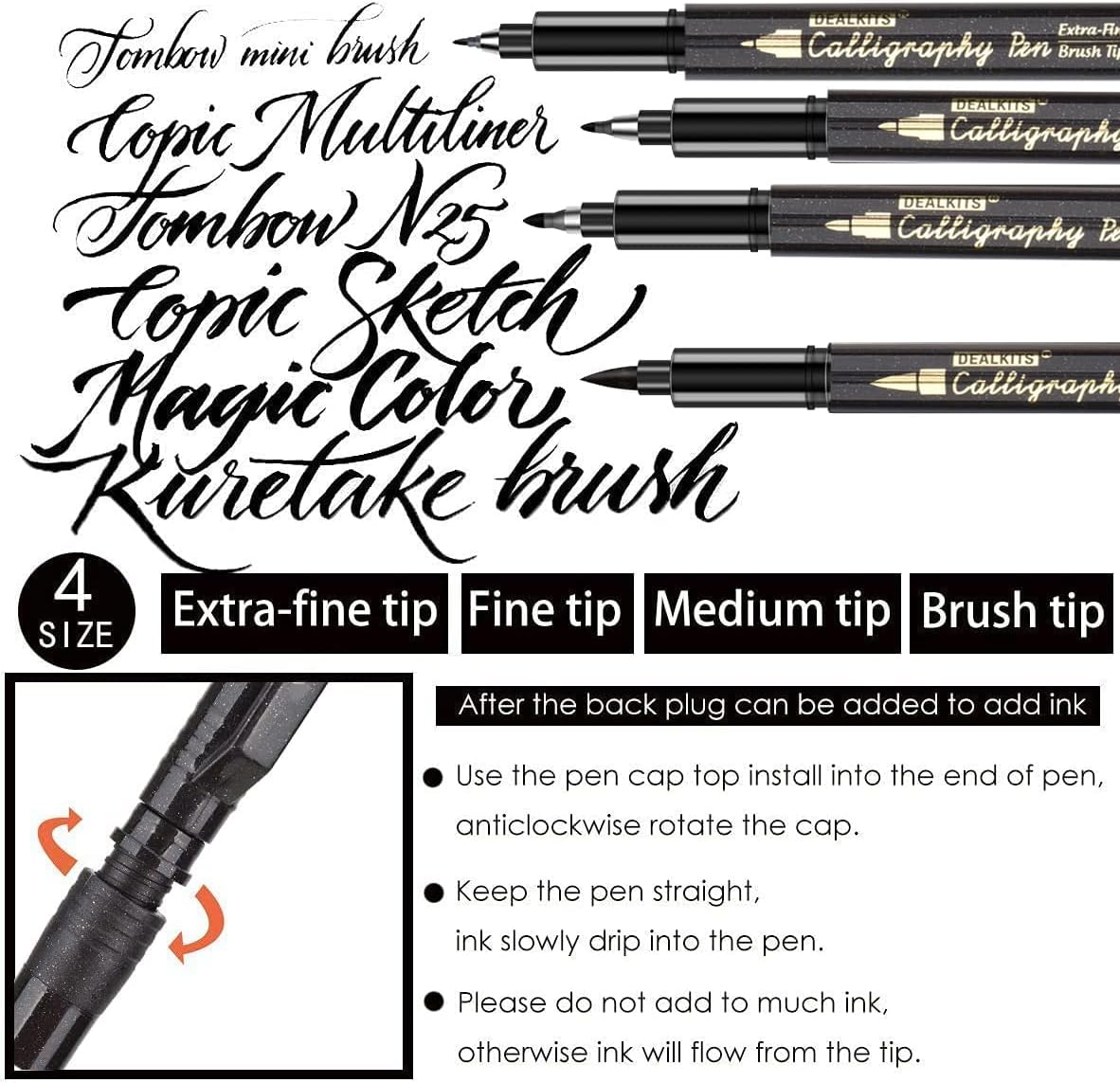 Thumbnail 2 de 6 Kalligraphie Stifte mit 4 Größen Schwarz