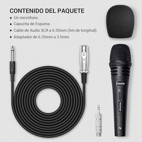Detalle de TONOR Micrófono Karaoke dinámico con cable XLR de 5 m para cantar y hablar