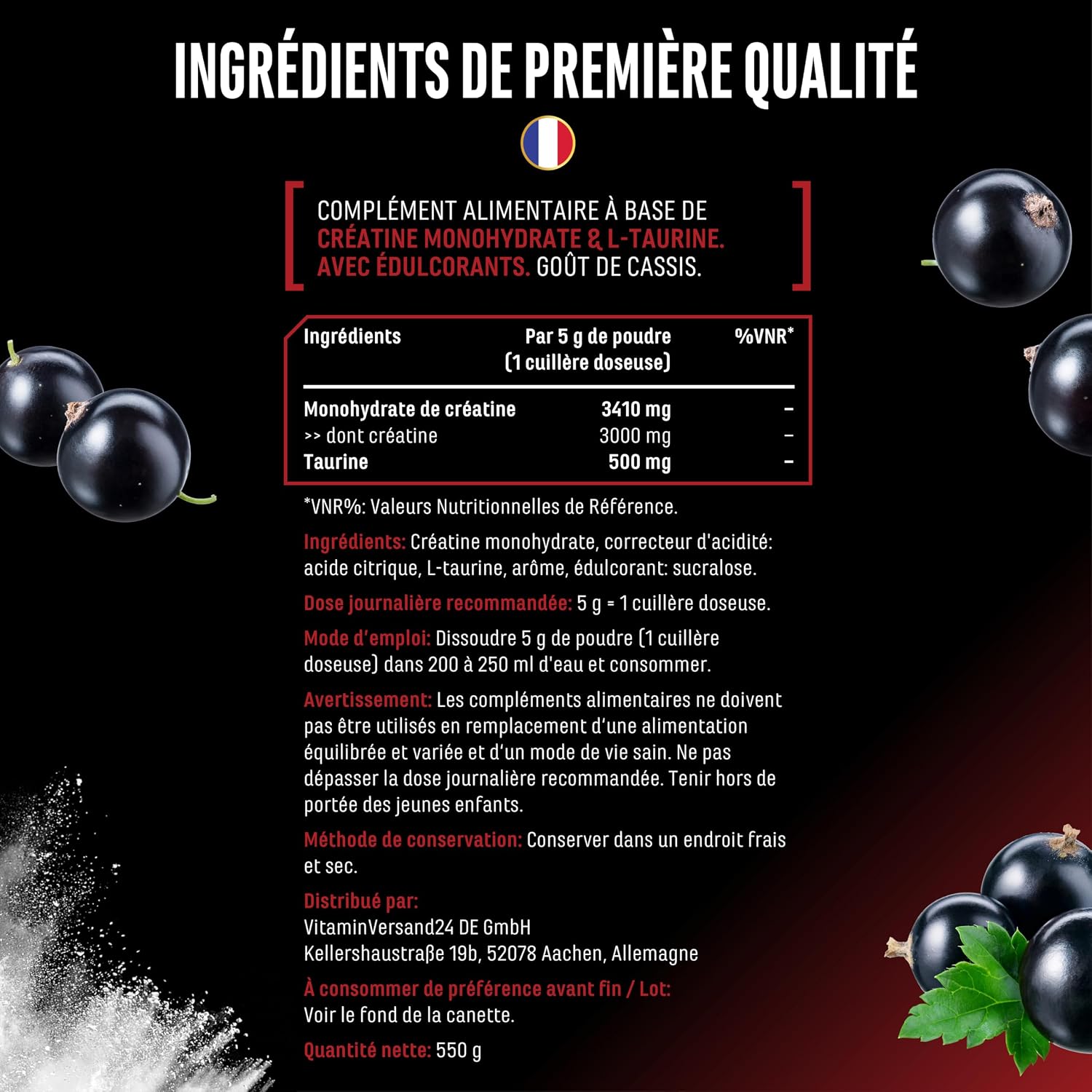 Detalle de Flavoured Creatine poudre – 550 g, Creatine Monohydrate + L-taurine, Saveur Fraise – vegan & sans sucre