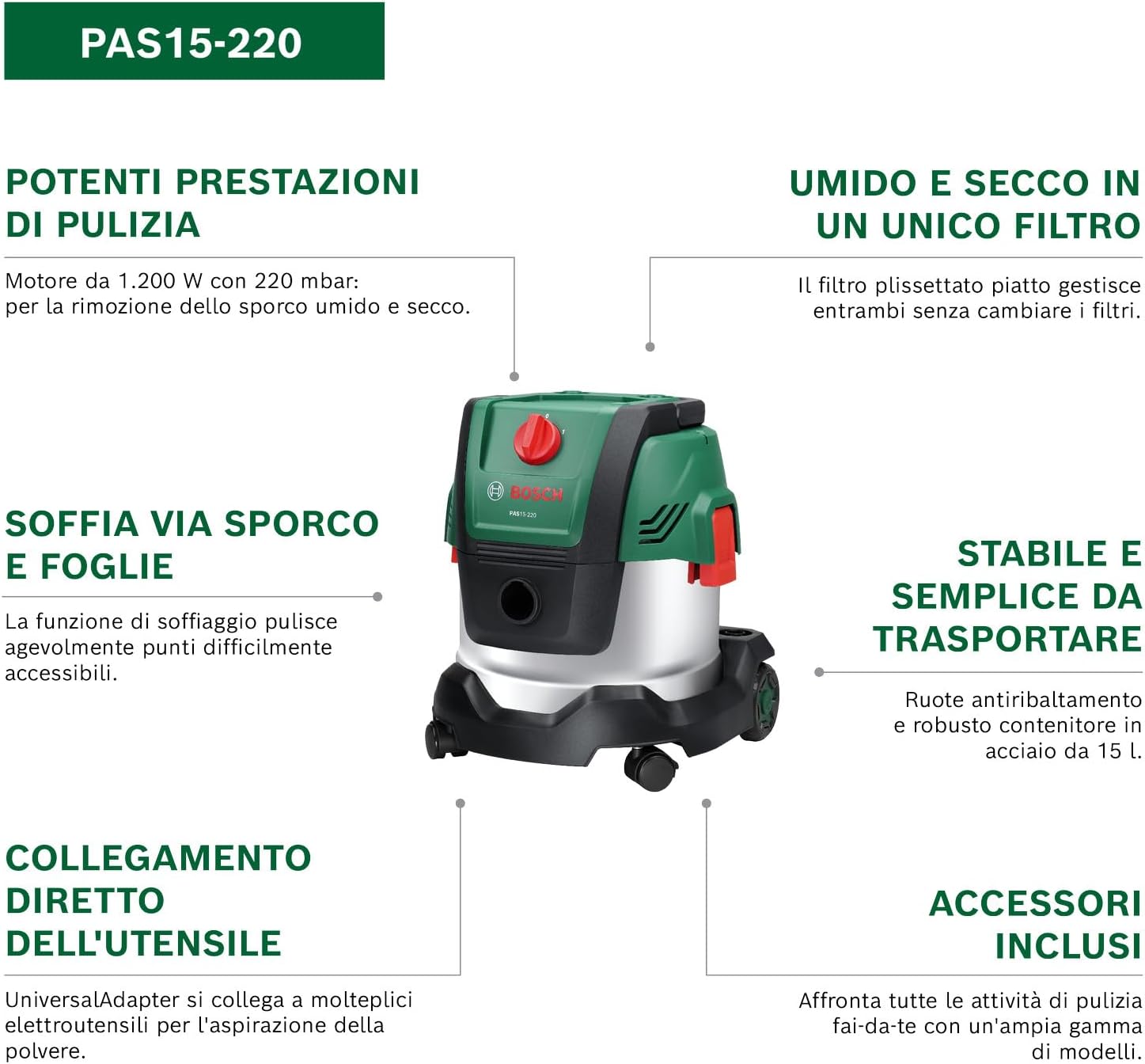 Detalle de Bosch Aspirapolvere a filo PAS15-220: potenza, flessibilità e accessori per casa