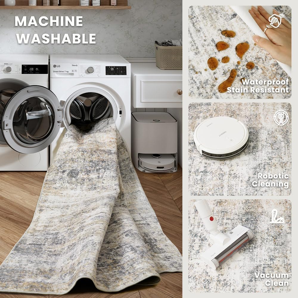 Detalle de Area Rug 8x10 Washable Rug in Grey and Beige — Non-Slip, Low-Pile Vintage Print for Living Room, Dining, and Bedroom