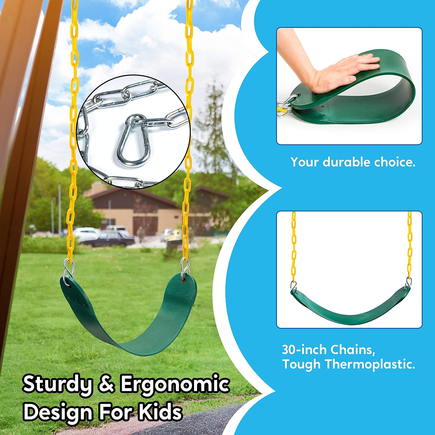 Detalle de TURFEE Heavy Duty Swing Seat (Green) with 66” Chain, Snap Hook Accessories for Kids
