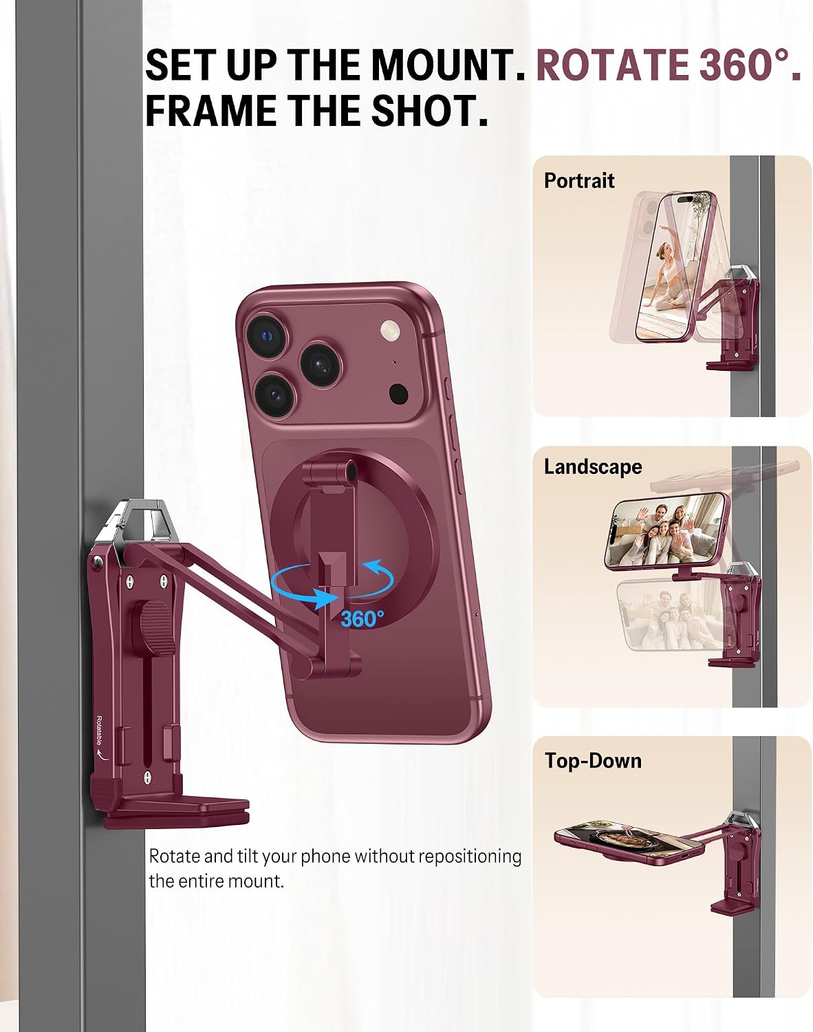 Detalle de OMOTON TP02-Wine Red Magnetic Phone Tripod, 360° Rotation, Foldable