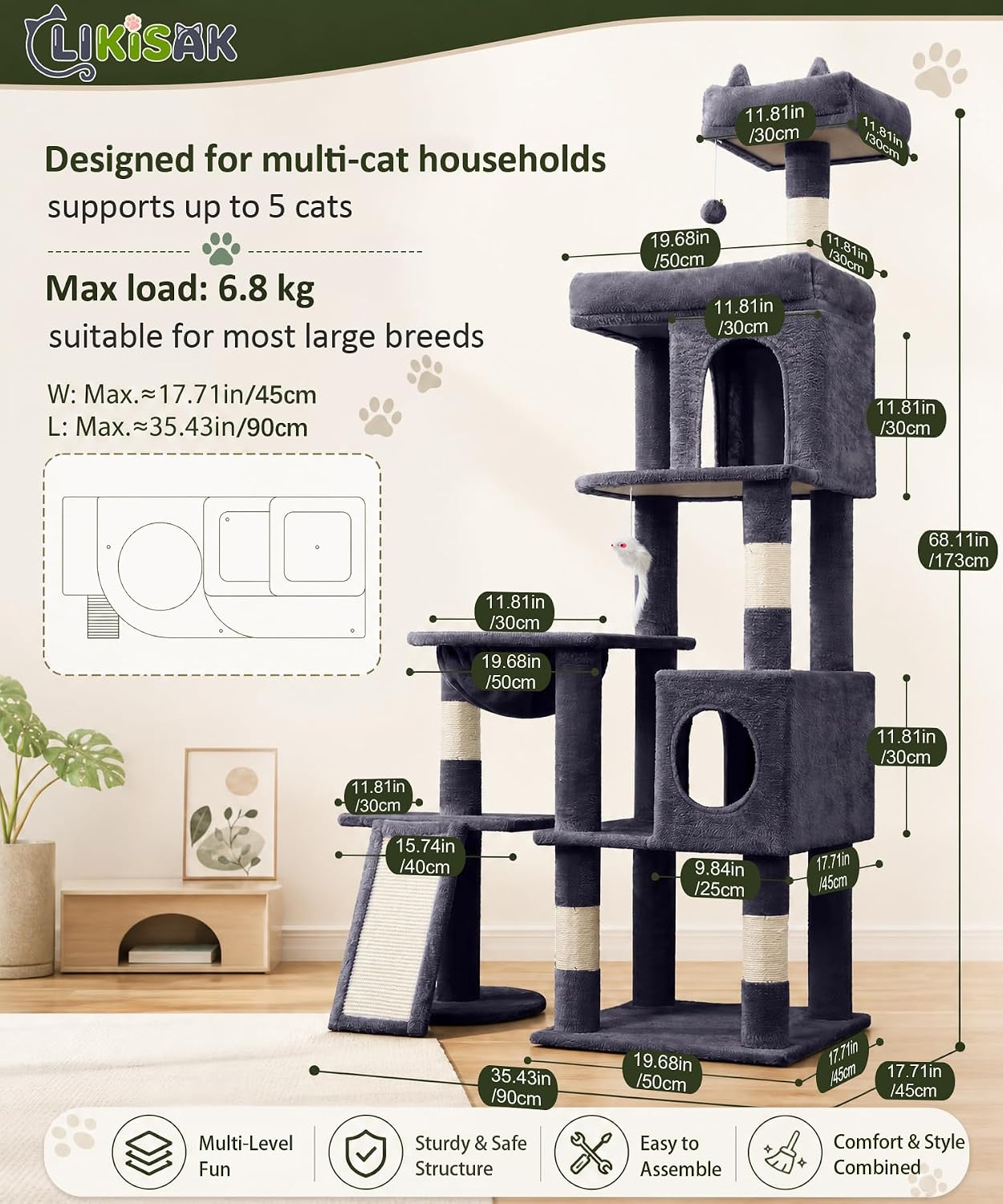 Thumbnail 1 de LIKISAK Cat Tree 173cm Large Indoor Cat Tower (PMT02DG)