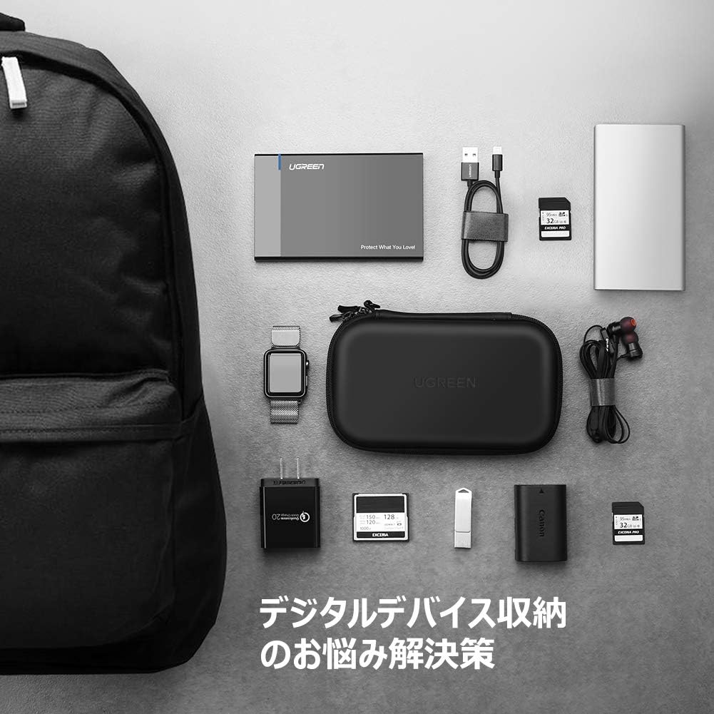 Detalle de UGREEN 2.5インチHDD・SSD収納ケース EVAハードタイプ、小物収納対応 17.3×10.3×4.4cm