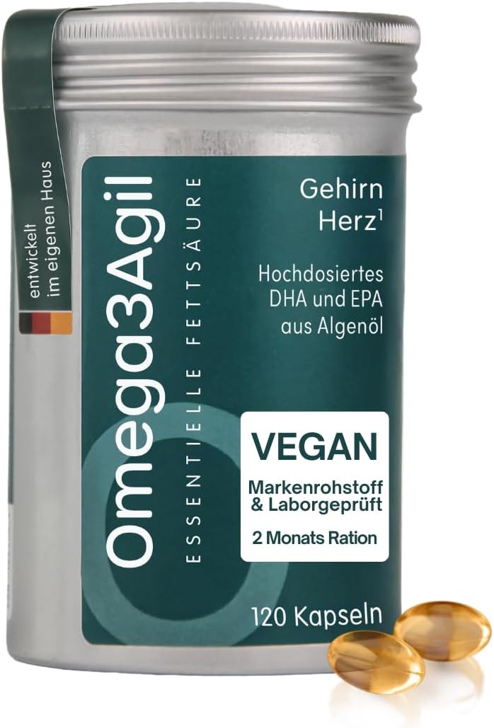 Detalle de AgilNature Omega 3 Vegan I 120 vegane Algenöl Kapseln – 530 mg EPA & DHA pro Tag, made in Germany