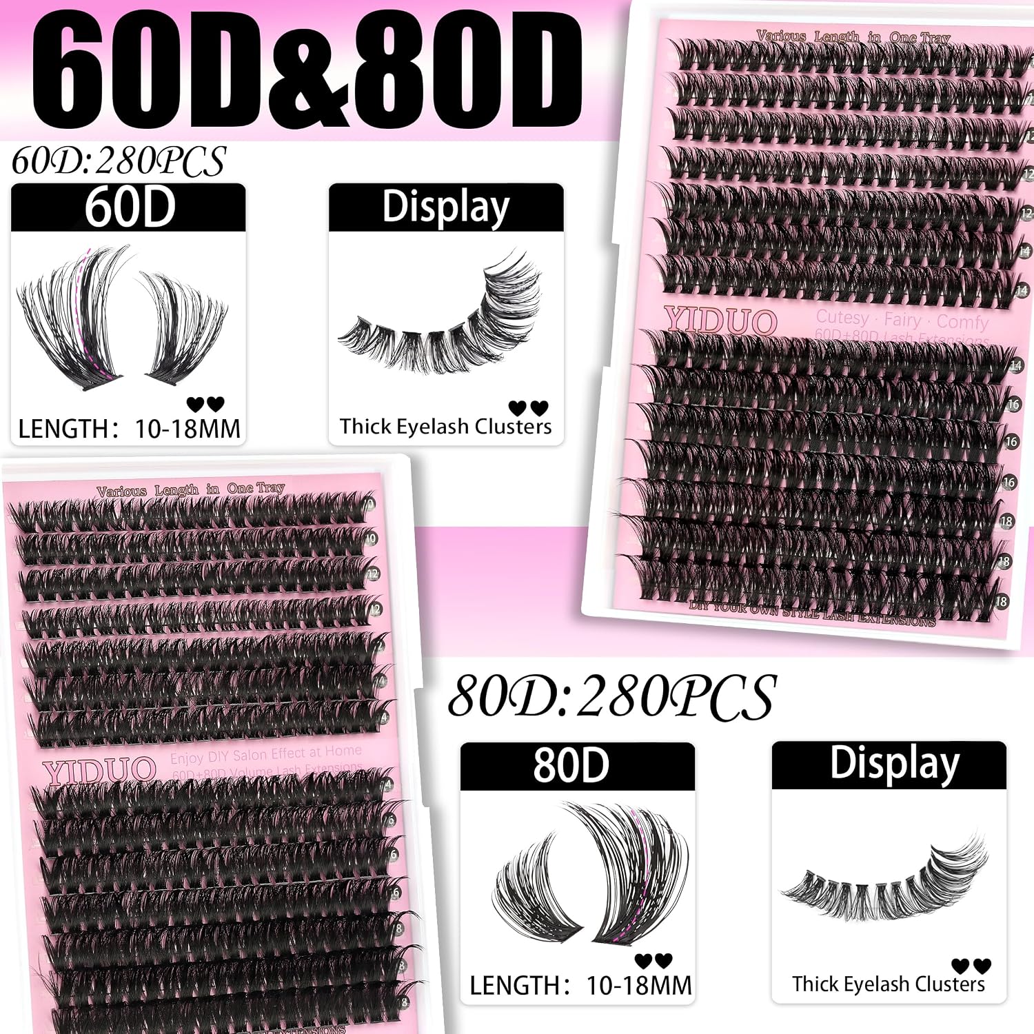 Detalle 1 de YIDUO 4-Style Lash Cluster Kit, 1,078 Pieces, 10–18 mm, Bond and Seal