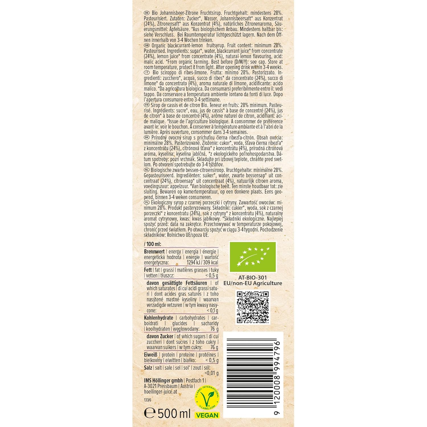 Thumbnail 1 de Höllinger Bio Johannisbeer-Zitrone Sirup (vegan) – 3×500 ml in der Glasflasche, fruchtig frisch