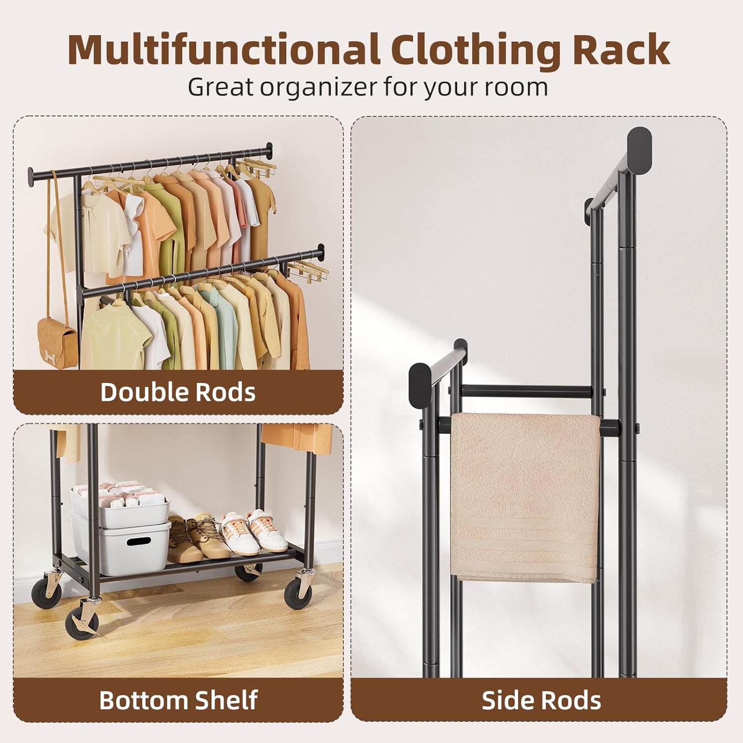 Detalle de Simple Trending Double-Bar Portable Garment Rack with Wheels