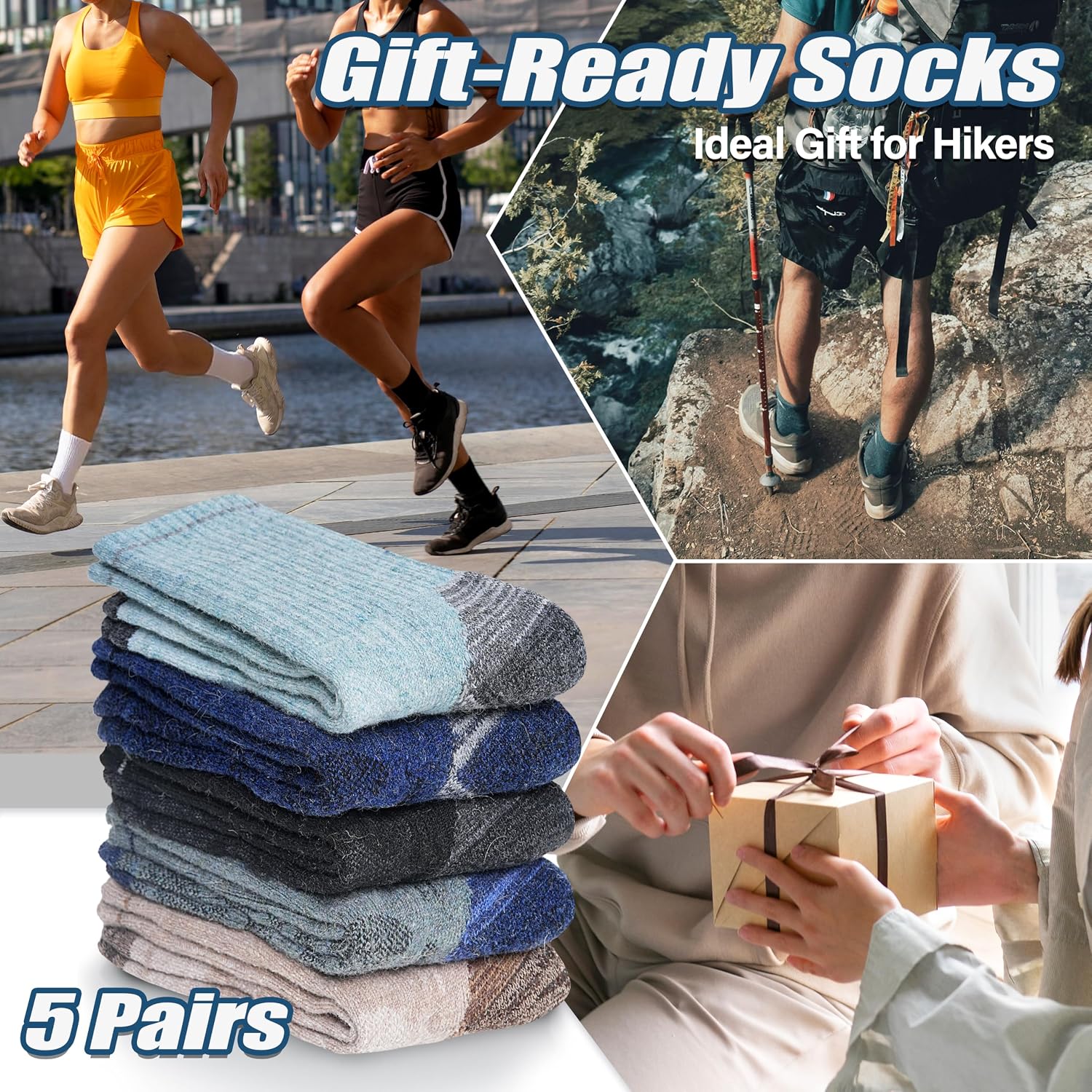Detalle 2 de ANTSANG Merino Wool Hiking Socks, Crew, 5 Pairs with Targeted Cushioning