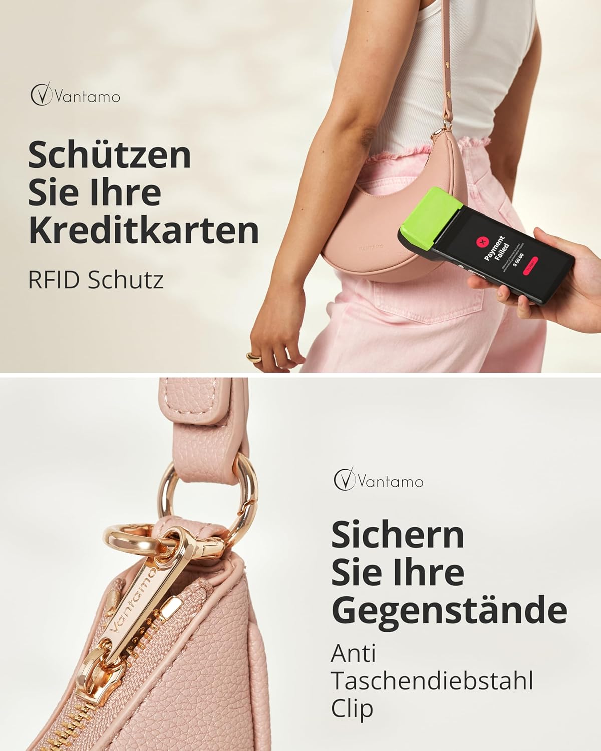 Detalle de Halbmondtasche für Damen – Halbmondtasche aus veganem Leder mit RFID-Schutz und verstellbarem Schultergurt