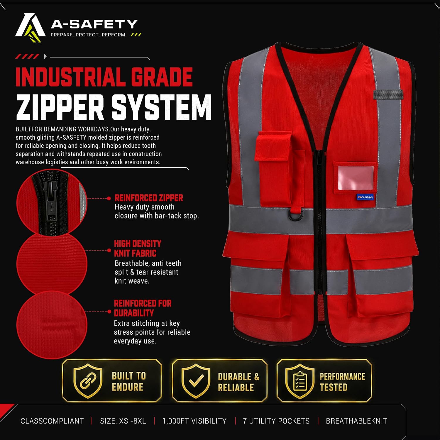 Thumbnail 6 de A-SAFETY Red M Safety Vest with Reflective Strips and 7 Utility Pockets