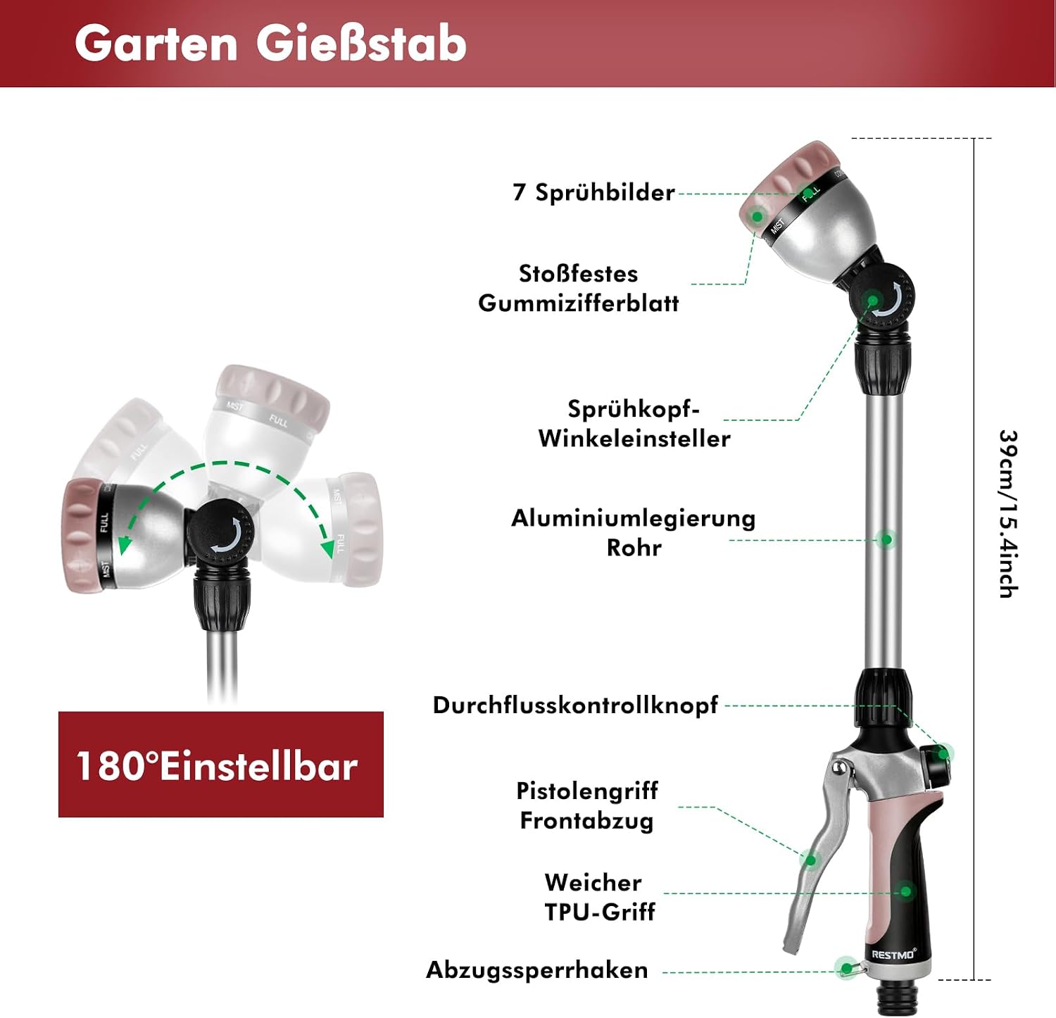 Thumbnail 1 de RESTMO Garten-Gießstab aus Metall (42 cm) mit schwenkbarem Kopf und 7 Sprühbildern