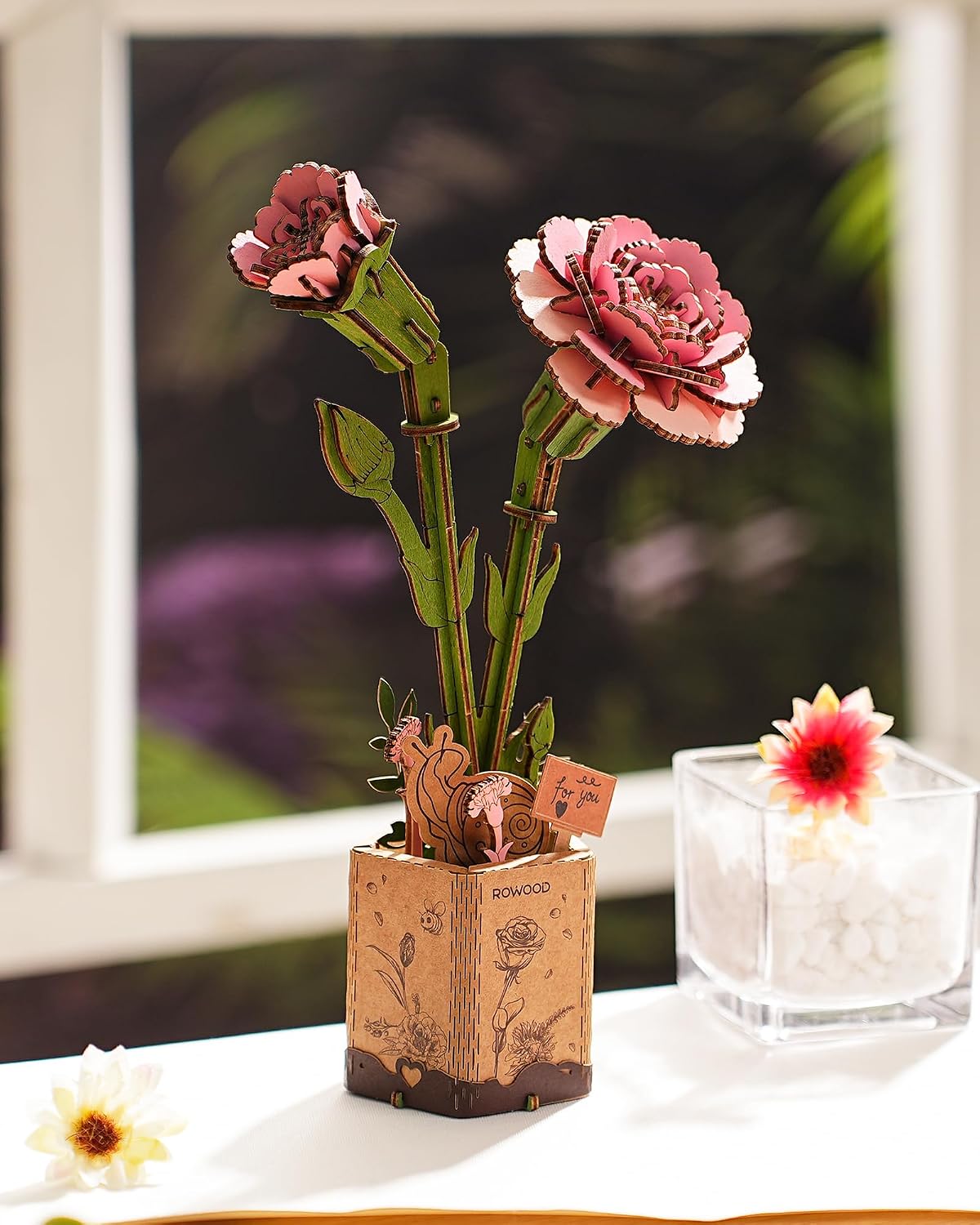 Detalle de rowood 3D Puzzle Rosa Nelke – DIY-Holzblume zum Zusammenbauen für Erwachsene
