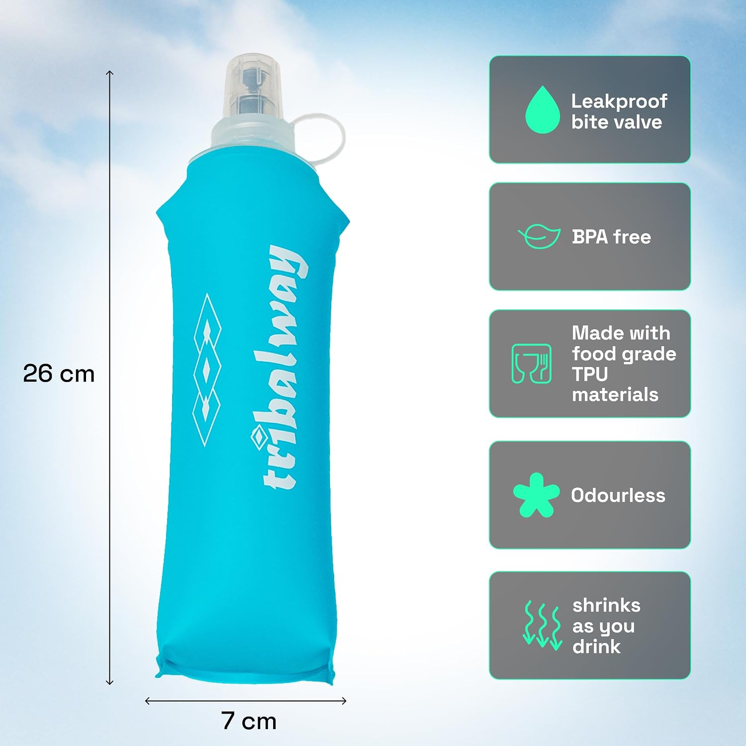 Thumbnail 3 de Tribalway 2 x 500ml Soft Flask water bottles (collapsible, leakproof, BPA-free) – Blue