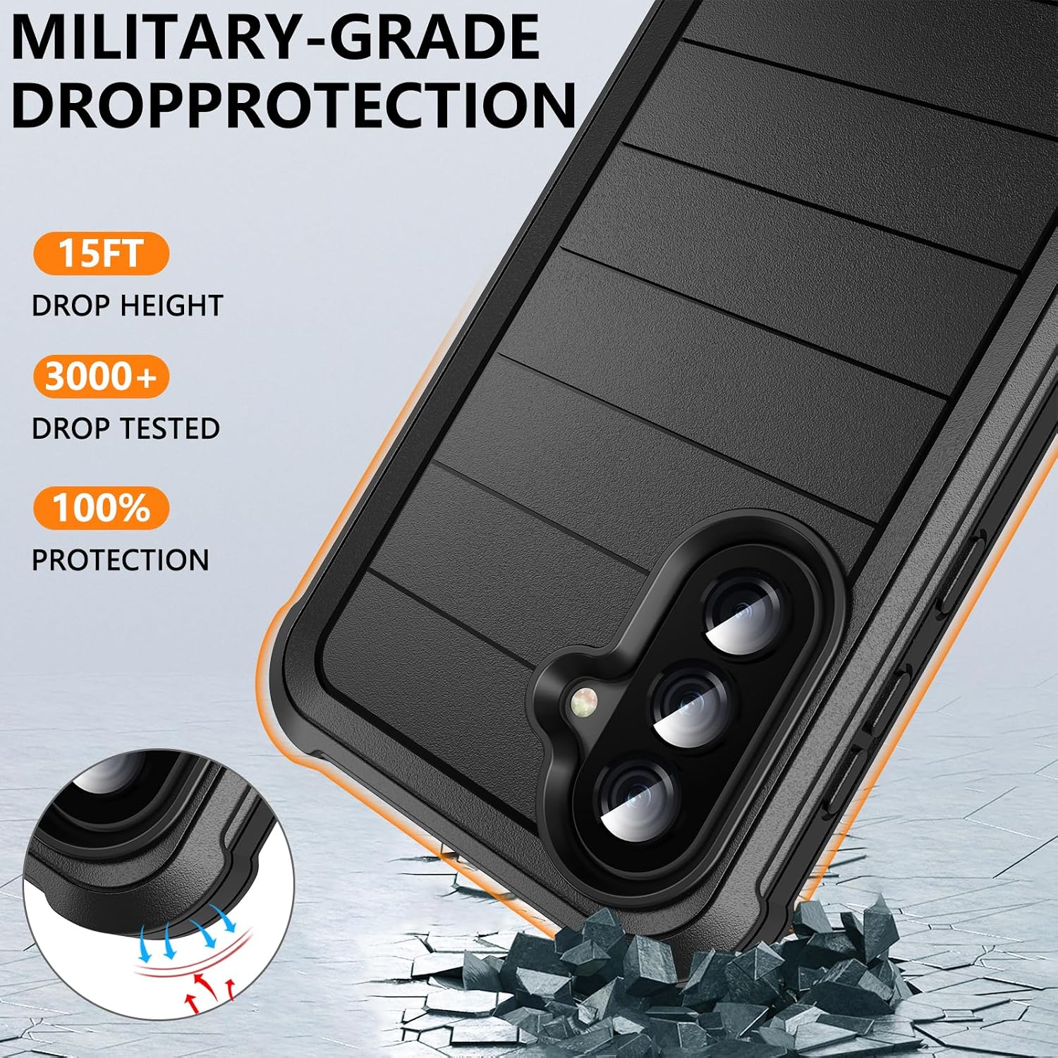 Detalle de Hensinple Galaxy A37 5G Case with Tempered Glass Screen Protector — Heavy-Duty Military Shockproof TPU Cover (Black)