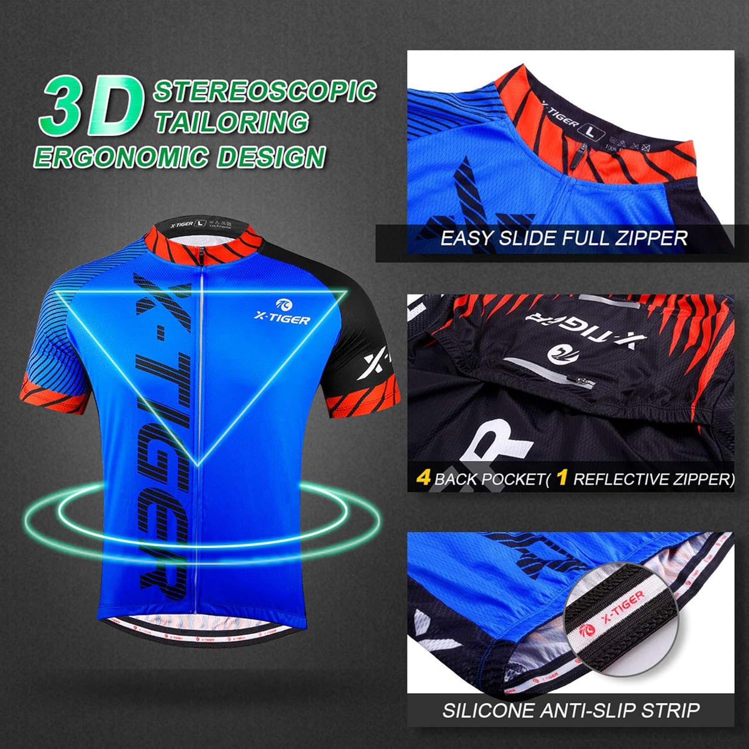 Thumbnail 4 de X-TIGER Maglietta da Ciclismo da Uomo a Manica Corta – Traspirante, Asciugatura Rapida e 3 Tasche Posteriori