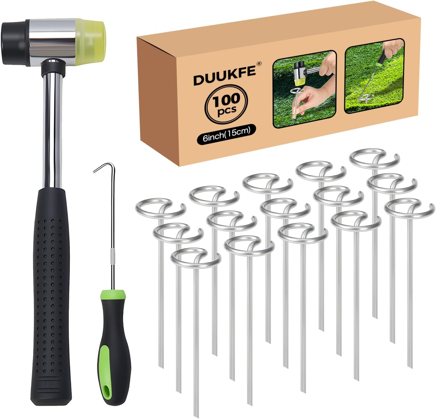 Detalle de DUUKFE 6-Inch Landscape Staples, 11-Gauge Galvanized Steel, 100-Piece Kit