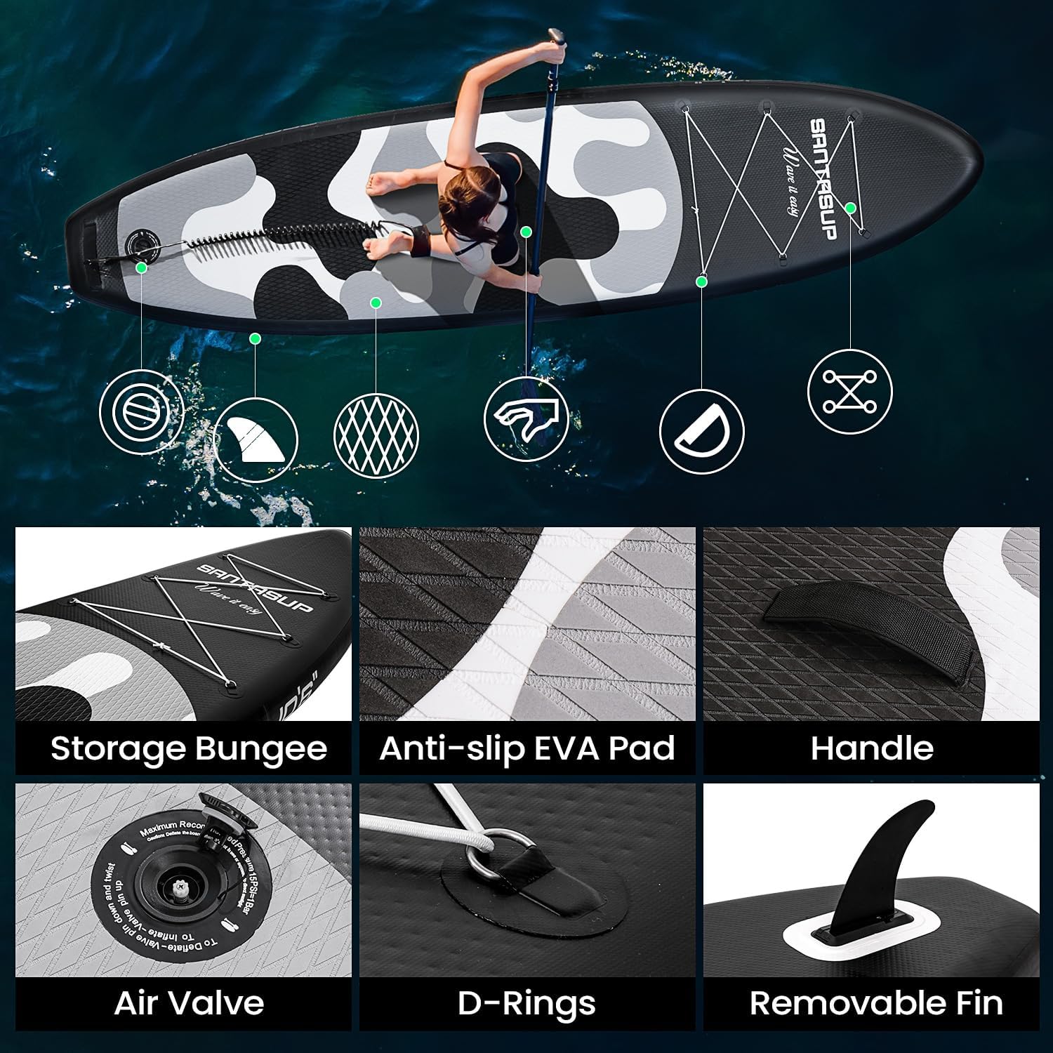 Detalle de Santasup Aufblasbares Stand Up Paddle Board – Komplettset 11′ × 32″ × 6″ (330 lb) mit Paddel, Pumpe, Rucksack, Leine und wasserdichter Tasche