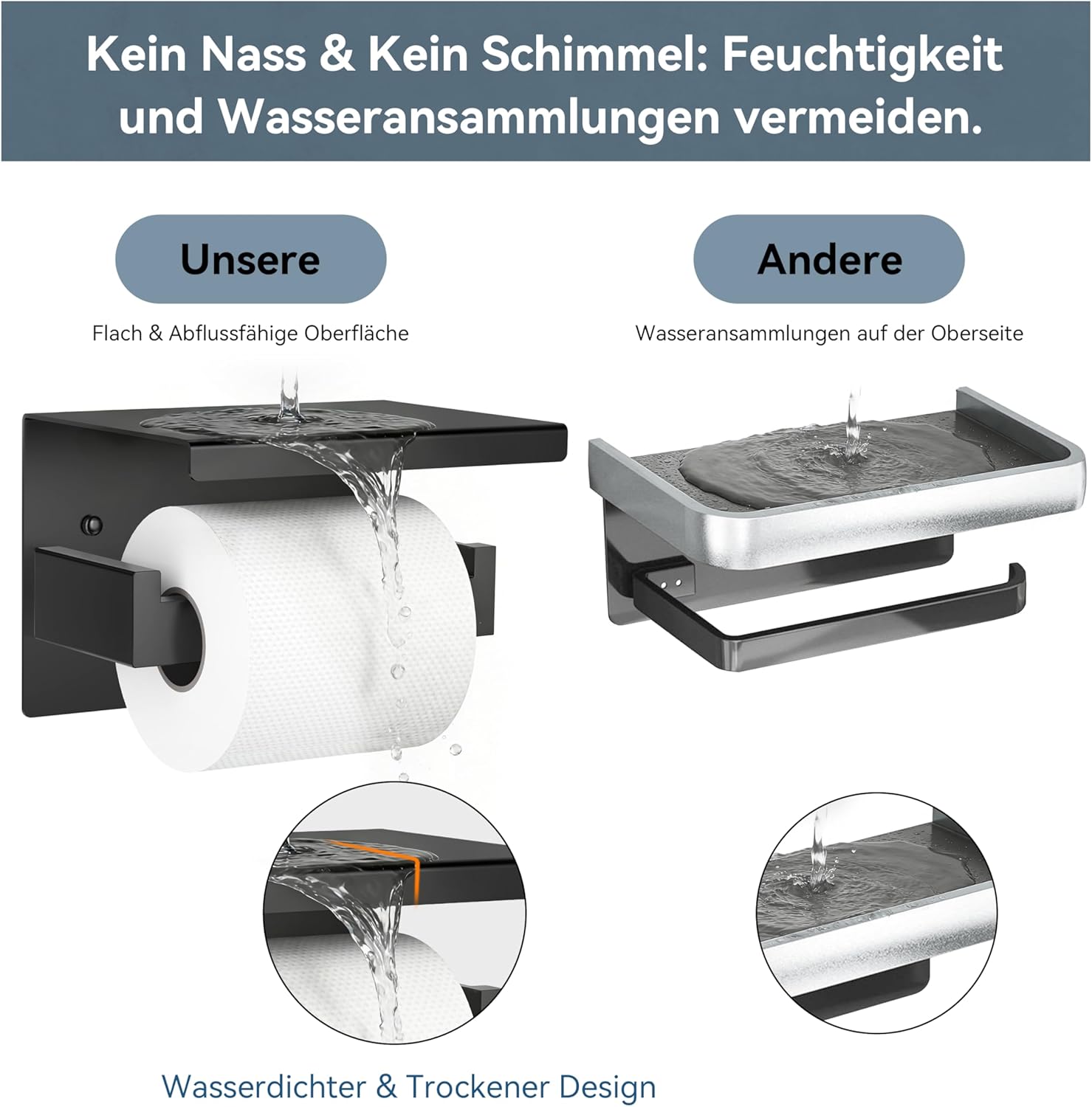 Thumbnail 2 de Auxmir Toilettenpapierhalter ohne Bohren – Edelstahl, Selbstklebend oder Schraubmontage, Ablage, Schwarz