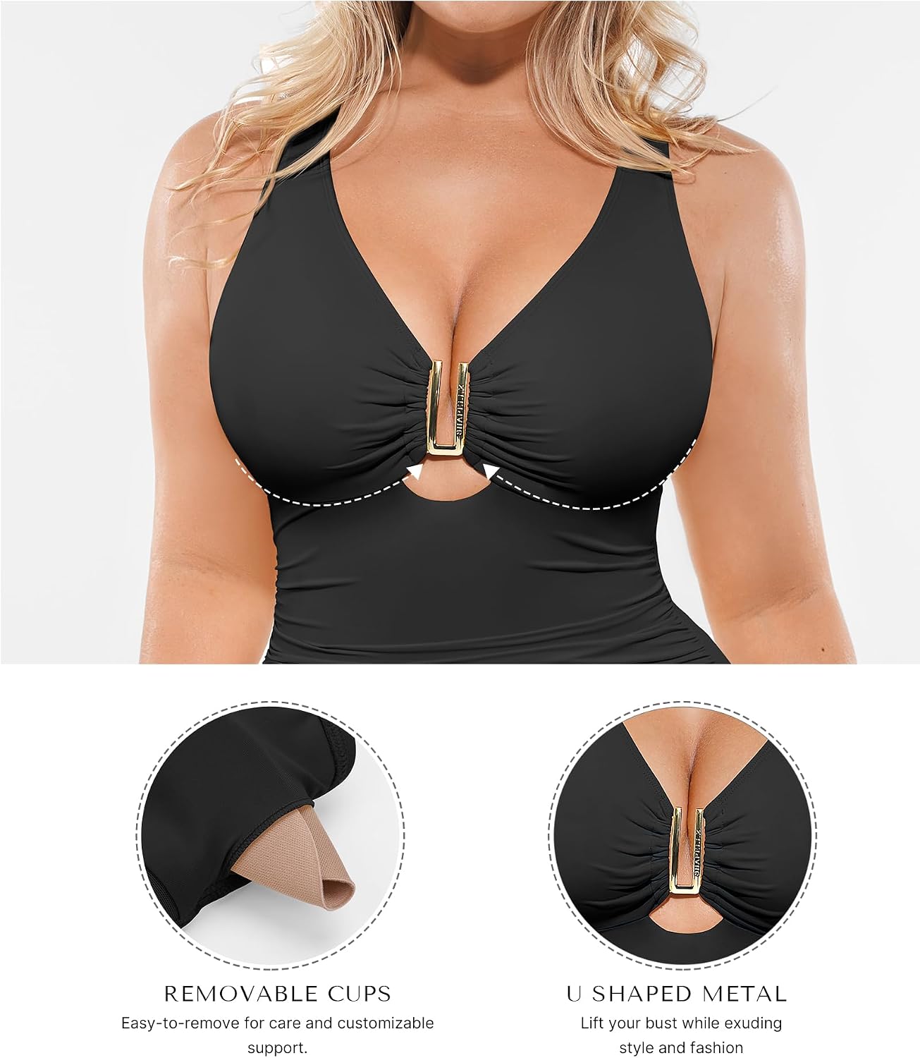 Detalle 2 de SHAPELLX Tummy Control One-Piece Swimsuit with V Neck & Ruched Shaping