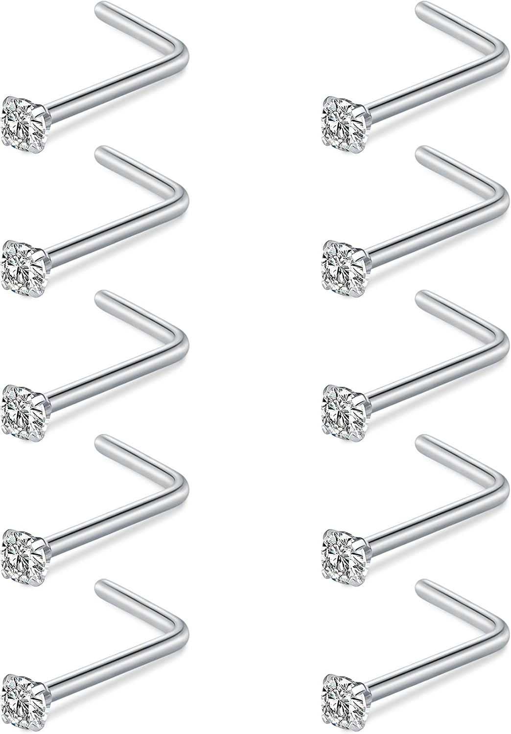 Thumbnail 4 de Briana Williams 316L surgical steel CZ nose stud set (16G–22G, 10 pcs)