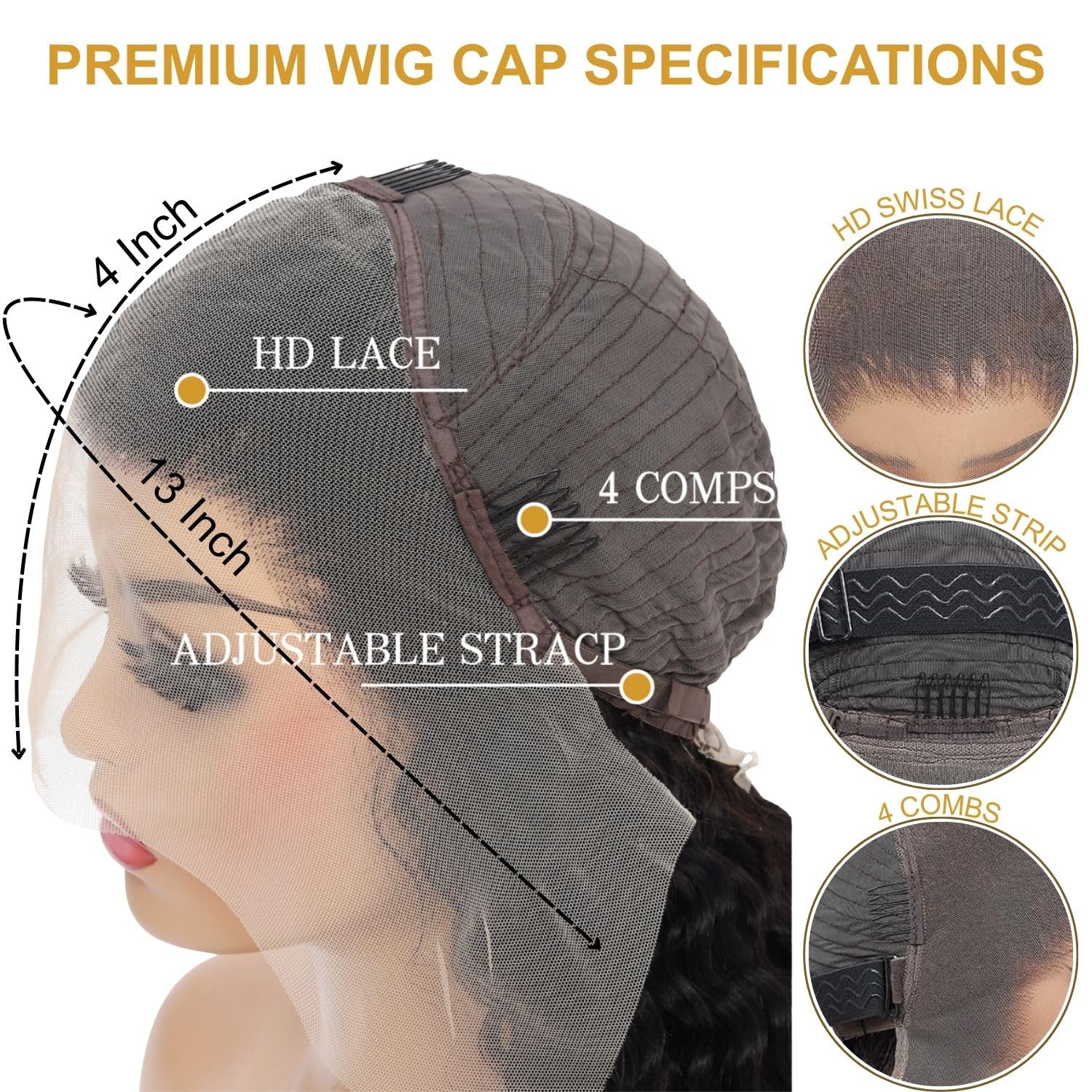 Detalle 2 de PYY Deep Wave Lace Front Wig Human Hair 13x4 HD Lace, 18 Inch