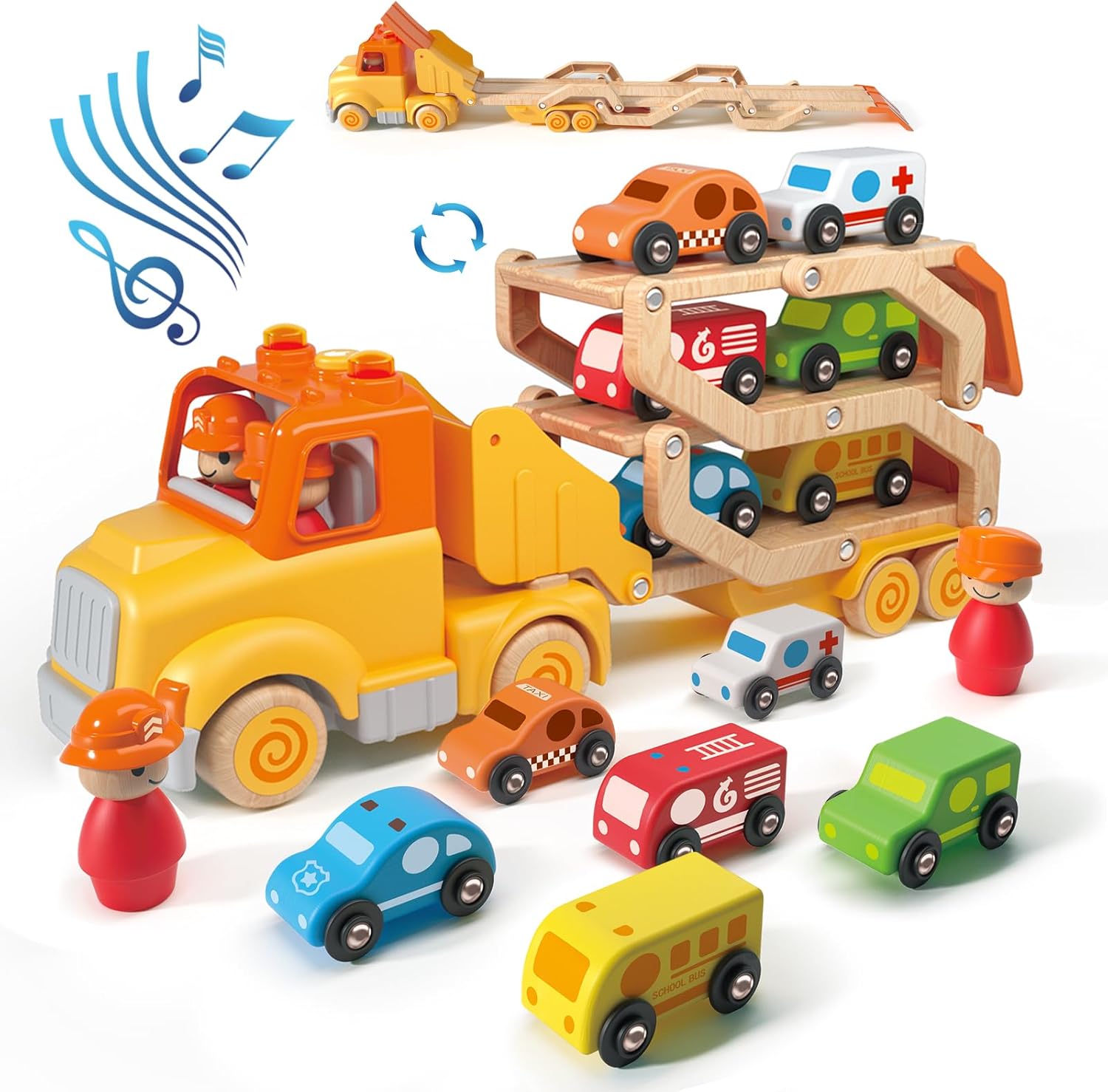 Toddler 7-in-1 Transport Trailer Toy Set with 6 Wooden Cars, Light & Sound 30in Foldable Track Trailer