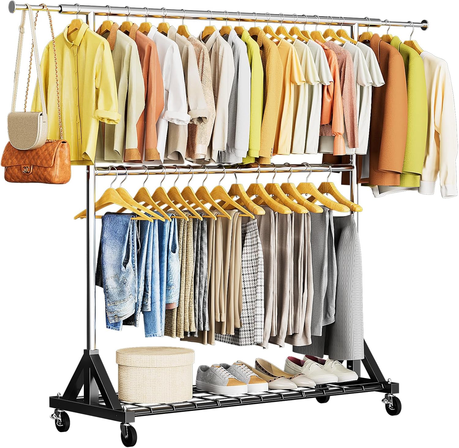 Detalle de Luxspire Heavy-Duty Clothes Rack with Double Rods and Lockable Wheels