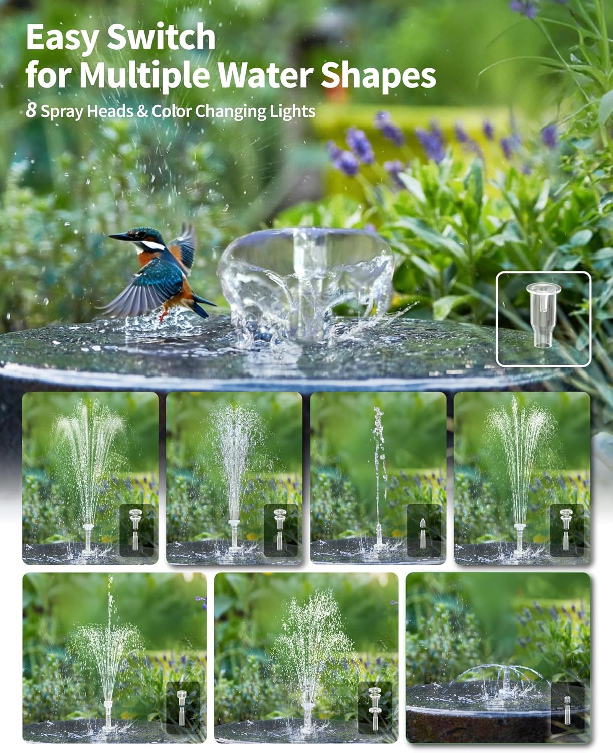 Thumbnail 2 de POPOSOAP 8W Solar Powered Water Fountain Pump with Battery Backup, LED Lights, 8 Nozzles & PVC Tubing