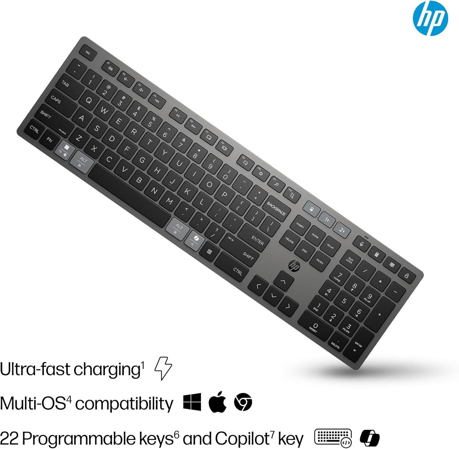 Thumbnail 4 de HP 720 Multi-Device Rechargeable Wireless Keyboard (Black) with supercapacitor, 2.4GHz + Bluetooth