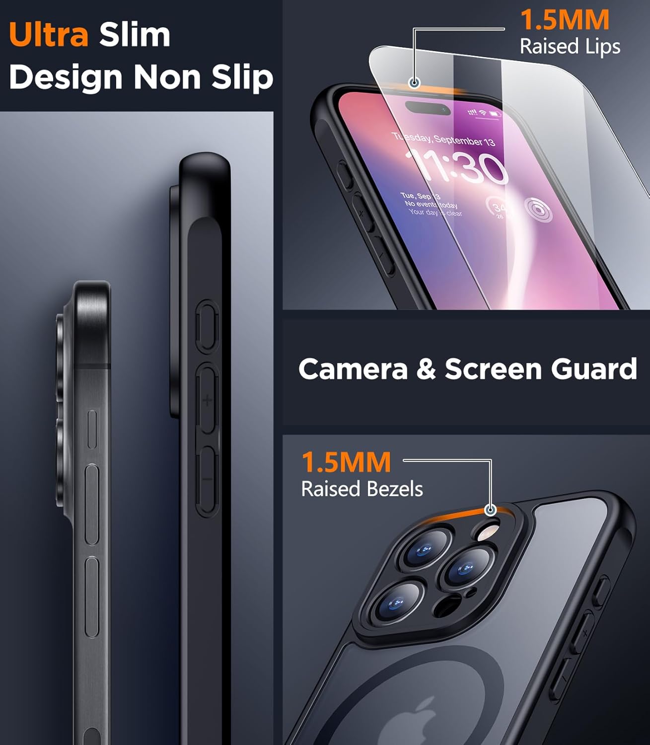 Thumbnail 3 de SPIDERCASE Magnetic Translucent Matte Case for iPhone 15 Pro (6.1") with Tempered Glass Screen Protectors, Black