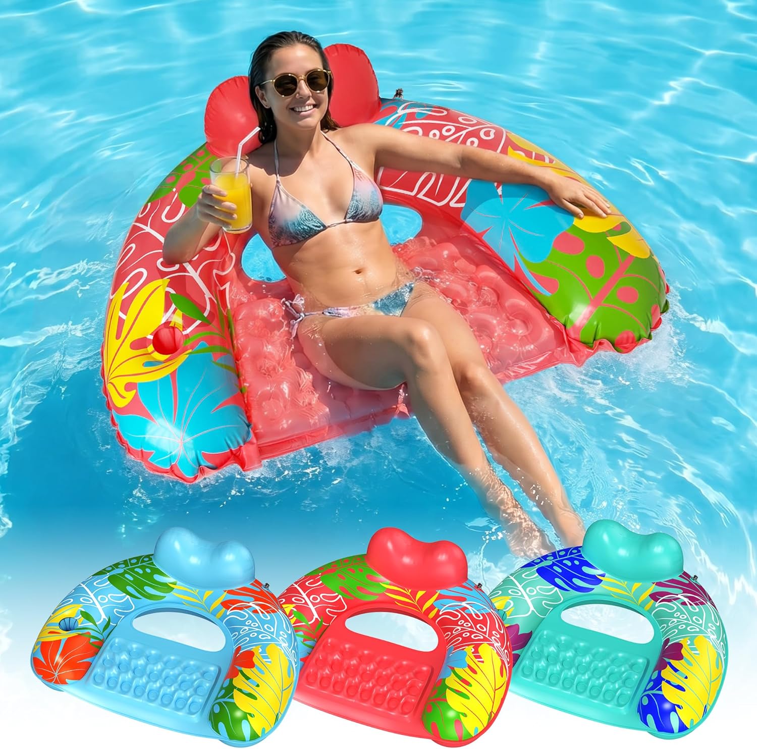Detalle de SEETOHOME 3-Pack Inflatable Pool Float Chairs with Cup Holders – Adults